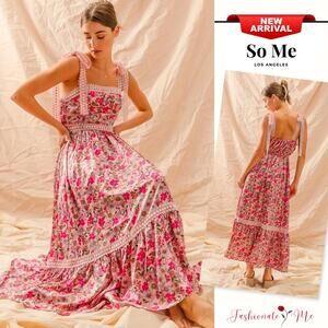So Me Romantic Bohemian Floral Pattern Ribbon Tie Lace Strap Maxi Dress | Pink